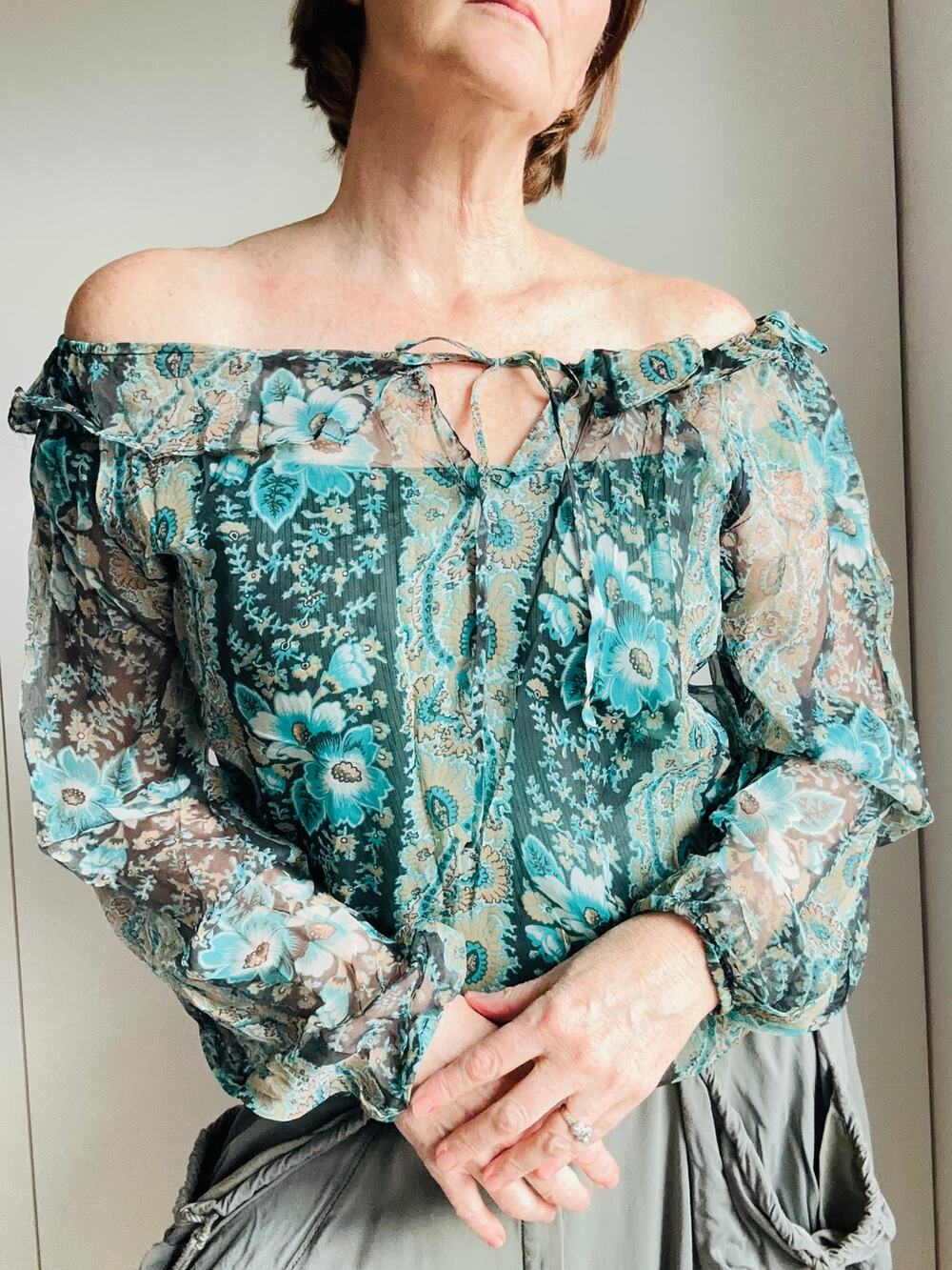 Womens Vintage Sheer Floral Poet Blouse Teal/White ruffled Collar Designer